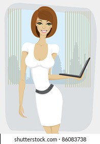 Beautiful yang woman in white dress with laptop standing at the office