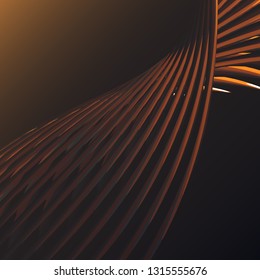 Beautiful yellow abstract magical energy electric spiral twisted cosmic fire lattices from lines, strips, sticks, rods glittering glowing on an orange background. Vector illustration. Texture.