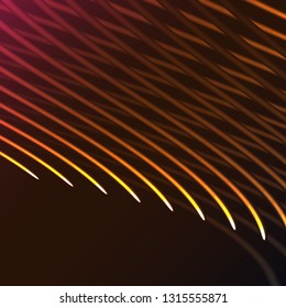 Beautiful yellow abstract magical energy electric spiral twisted cosmic fire lattices from lines, strips, sticks, rods glittering glowing on an orange background. Vector illustration. Texture.