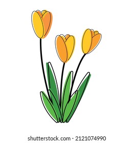 Hermosa imagen de clip de flor de tulipanes animados amarillos con símbolo de dibujos animados de contorno imagen de diseño de símbolo vectorial