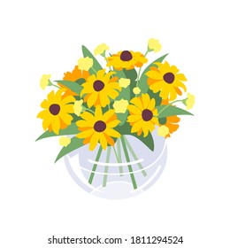 Beautiful yellow autumn flowers in glass spherical vase. Simple bouquet isolated on white background. Decorative gardening plant vector flat illustration. Bunch of blooming seasonal flower. 