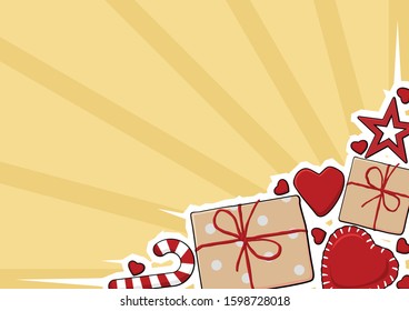 Beautiful yellow background. In the lower right corner are painted gifts, toys and hearts. There is a place for text. Suitable for creating a greeting card.

