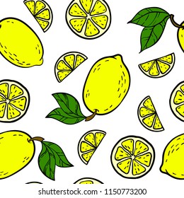 Beautiful yellow, black and white seamless doodle pattern with cute doodle lemons sketch. Hand drawn trendy background. design background greeting cards, invitations, fabric and textile