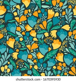 Beautiful yellow and blue flowers on a dark background. Seamless vector floral pattern. Different leafs, dots and flowers