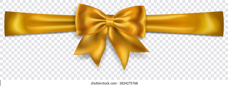 Beautiful yellow bow with horizontal ribbon with shadow on transparent background. Transparency only in vector format