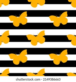 Beautiful yellow butterfly isolated on black and white stripes is in Seamless pattern - vector illustration