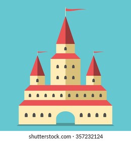 Beautiful yellow castle with arch and flags. Real estate, house, wealth concept. Flat style. Eps 8 vector illustration, no transparency