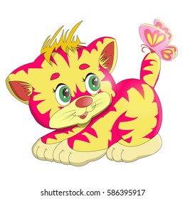Beautiful yellow cat with stripes and butterfly