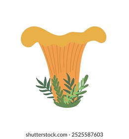 Lindo amarelo Cogumelo de Chanterelle na grama isolado no fundo branco. Cogumelo comestível saboroso como um símbolo de caça silenciosa, outono, floresta, design de cozinha, ícone. Ilustração em plano vetorial