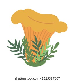 Lindo amarelo Cogumelo de Chanterelle na grama isolado no fundo branco. Cogumelo comestível saboroso como um símbolo de caça silenciosa, outono, floresta, design de cozinha, ícone. Ilustração em plano vetorial