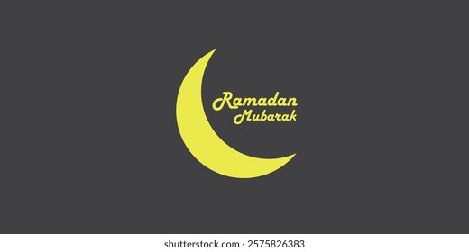 A beautiful Yellow Crescent Moon vector illustration with "Ramadan Mubarak" typography, all set on a grey background. Ramadan design with Islamic art elements, perfect for fasting festive celebration.