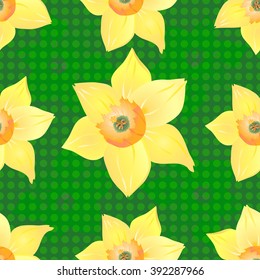 Beautiful yellow daffodils on green background.Vector illustration with flowers. Floral seamless pattern.