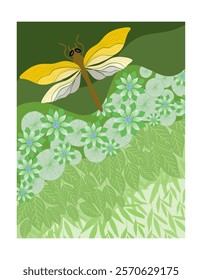 Beautiful yellow dragonfly on gradient green background with green lotus flowers and leaves, for design and printing needs.