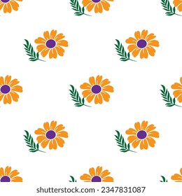 Beautiful yellow flower with green leaves isolated on white background is in Seamless pattern - vector illustration