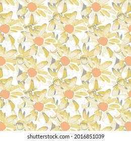 Beautiful yellow flower pattern design on white background.chamomile flowers in a solid carpet.chamomile seamless pattern can be used for wallpaper, website background, textile printing