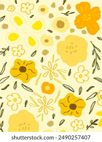 Beautiful yellow flowers and leaves patterns on white background for web banner, branding package, fabric print, wallpaper, social media post, doodle, notes, book covers, wall decor.