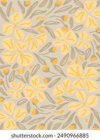 Beautiful yellow flowers and leaves patterns on grey background for web banner, branding package, fabric print, wallpaper, social media post, doodle, notes, book covers, wall decor.