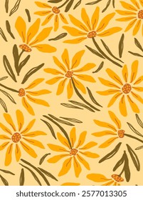Beautiful yellow flowers and leaves patterns on yellow background for web banner, branding package, fabric print, wallpaper, social media post, doodle, notes, book covers, wall decor.