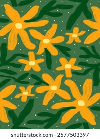 Beautiful yellow flowers and leaves patterns on green background for web banner, branding package, fabric print, wallpaper, social media post, doodle, notes, book covers, wall decor.