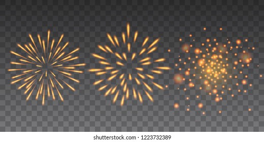 Beautiful yellow glittering fireworks Happy New Year collection on transparent background.