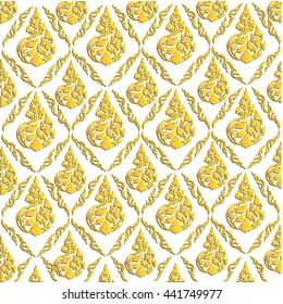 Beautiful Yellow gold Thai pattern seem floral, fern, leaves, lotus and fire pattern on white background for page and ground-paper