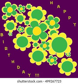 beautiful yellow and green flowers with purple background and happy birthday description vector illustration