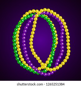 Beautiful yellow, green, purple beads on a dark background. Mardi Gras Party. Venetian carnival mardi gras party.  Vector Design with carnival symbol 