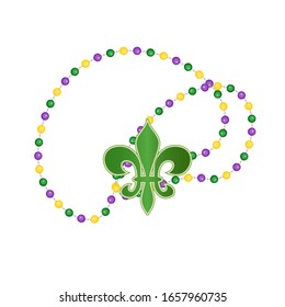 Schöne gelbe, grüne, violette Perlen, Fleur-de-Lis-Lilie einzeln auf Weiß. venezianische Karneval Mardi Gras Party. Fleur-de-Lis Liliensymbol für den Maskenkarneval. Lily blüht heraldisches Symbol. Vektorillustration