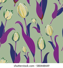 Beautiful yellow and green tulips with colorful leaves seamless pattern. Vector illustration on green background