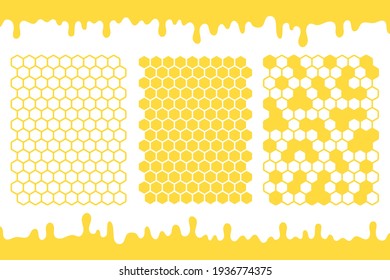 Un hermoso vector hexagonal de malla de miel amarillo con goteo de miel en el suelo.
