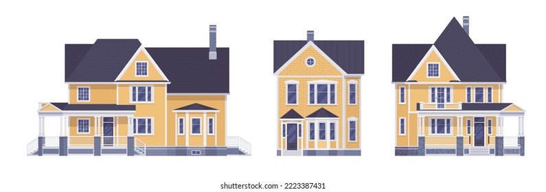 Beautiful yellow house cartoon set. Mansion erker element, housing industry, neighborhood residence, home hunting, new building purchase, renting, owning residence. Vector flat style illustration