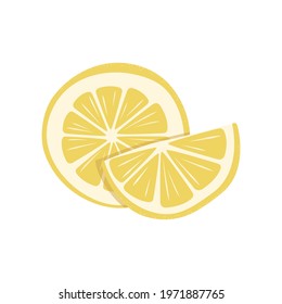 Beautiful yellow juicy slice of fresh lemon. Round and semicircular pieces of sour citrus. Ingredient and addition to tea, lemonade, juice, beverages, food, pastries. Element for graphic design