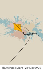 Beautiful yellow kite with paint splash background isolated on light background - vector illustration