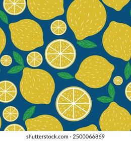 Beautiful Yellow Lemon seamless pattern with little slices on blue background. For fabric, textile and wallpaper 