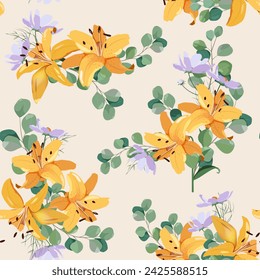 Beautiful yellow lilies and eucalyptus on a beige background. Seamless vector illustration. For decorating textiles, packaging, wallpaper.