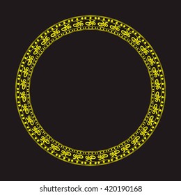 Beautiful yellow mandala  round frame on black background , design element, greeting card. Vector.