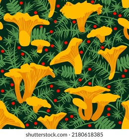 Beautiful yellow mushrooms chanterelles vector seamless pattern. Great for textile, fabric prints, wrapping paper, wallpaper. 