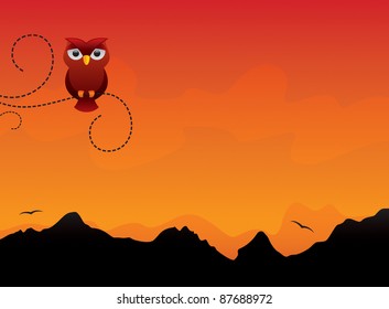 Beautiful yellow orange background backdrop sunrise with an owl  landscape