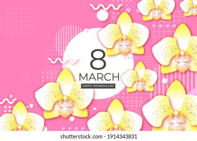 Beautiful Yellow Orchid. Happy Womens Day. 8 March. Mothers Day. Spring time paper cut style. Pink background. Copy space. Circle frame. Geometrical shapes.