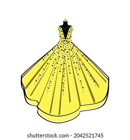 Beautiful yellow party  dress. Vector of ball dress on mannequin. Illustration on White Background. Vector Fashion Illustration. Elegance Party Dress.