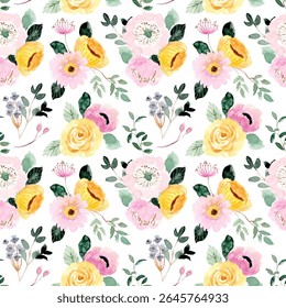 beautiful yellow pink floral watercolor seamless pattern