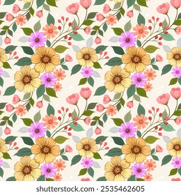 Hermosas flores amarillas y rosadas sobre fondo de color verde claro sin patrón para tela de impresión de moda textil Fondo de pantalla regalo envoltura de fondo.