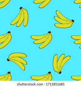 Beautiful yellow pixel bananas isolated on a bluish background. Seamless pattern. Vector graphic illustration. Texture.
