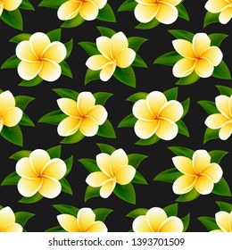 Beautiful yellow plumeria frangipani tropical flowers seamless floral summer pattern vector background. Perfect for wallpapers, web page backgrounds, surface textures, textile.