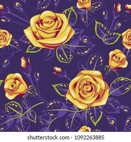 Beautiful yellow roses pattern tile seamless repeat texture with leafs and buds, vector illustration romantic mood purple green