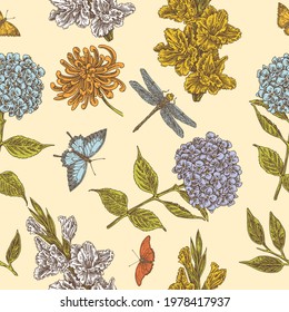 Beautiful yellow seamless pattern with garden flowers, butterfly and dragonfly. Hydrangea, gladiolus and chrysanthemum. Color. Engraving style. Vector illustration.