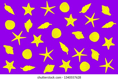 Beautiful yellow seashells and starfishes on a neon purple background. Sea pattern. Cover