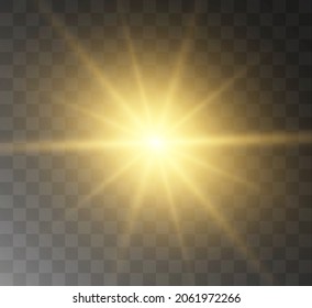 Una bella estrella amarilla se estrelló contra un fondo transparente, un sol brillante. Ilustración del vector