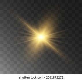 A beautiful yellow star flashed against a transparent background, a bright sun. Vector illustration