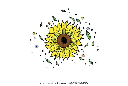 Beautiful yellow sunflower flower drawing, ornament, illustration on a white background. Sunflowers pattern for print on fabric, paper, clothing, dishes, stationery, for decoration. Floral print.